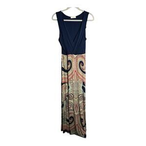Gilli Navy Blue Sleeveless Wrap Maxi Dress Solid Top Print Bottom Size Large